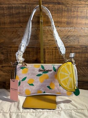 Juicy Couture Pink Lemon-Print Shoulder Bag with Yellow Lemon Coin Pouch